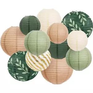 호환  6PCS 세이지 그린 브라운 어 일본어 종이 등불 녹색 Boho 여름 웨딩 생일 파티 장식을 종이 등불