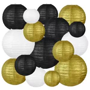 호환  블랙 골드 화이트 라운드 종이 등불 장식 어 일본 종이 등불 램프 기념일 생일 결혼식