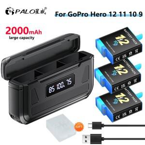 GoPro Hero 12 11 10 9 배터리 2000mAh 대용량 3슬롯 TF 카드 충전기 박스 HERO 스포츠 카메라용 PALO