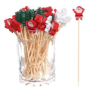 50개 크리스마스 트리 눈사람 순록 일회용 대나무 꼬치 재사용 가능 과일 스틱 체리 미니 소형 소형 케이크