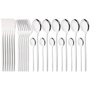 24Pcs 실버 스테인레스 스틸 저녁 식사 칼 붙이 세트 나이프 포크 스푼 식기류 거울 웨딩 생일은 제품