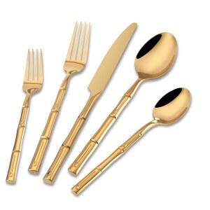 DEACORY 실버웨어 세트 골드 대나무 패턴 커틀러리 스틸 20피스 4인용 핸들 스테인리스 플랫웨어 세트,