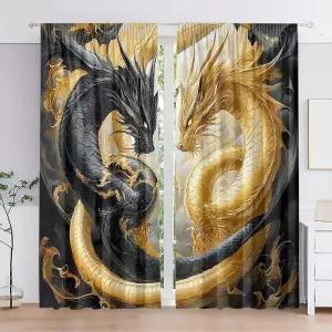 블라인드 커튼 2PC 블랙 골드 드래곤 라이트 필터링 HD 디지털 프린트 침실 거실 사무실용 포켓 탑 홈 데코