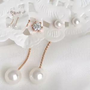 14K 핀 골드필드 귀걸이 세트 뒷마개 진주 롱 큐빅