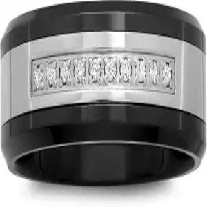 스틸 네이션 주얼리 남성용 스테인리스 8mm 화이트 다이아몬드 액센트 투톤 블랙 웨딩 밴드 반지