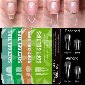 550개 소프트 젤 네일 팁 중간 숏 아몬드 모양 관 스틸레토 풀 커버 프레스온 하프 매트 아크릴 DIY 연장