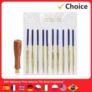 로즈우드 나무 손잡이가 있는 10PCS 골드 컬러 티타늄 도금 다이아몬드 파일 세트 목재 금속 플라스틱용 연삭 도구