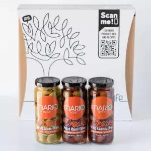 마리오 그리스 피티드 올리브 선물 상자 - 칼라마타 그린 오일 허브 혼합 6온스 병 3개들이 팩