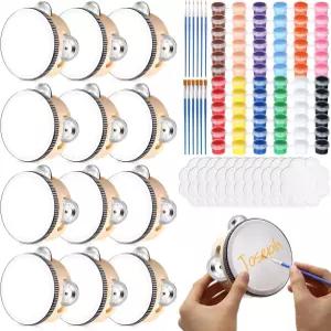 조이포크 12세트 아크릴 페인트 브러시 및 팔레트가 포함된 4인치 탬버린 드럼 벌크 DIY 우드 메탈 징글