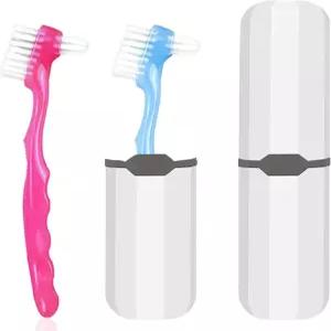 2피스 틀니 청소 브러시 세트 - 인체공학적 손잡이와 가짜 치아 흰색 휴대용 케이스가 있는 다층 칫솔