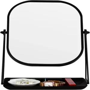 수납 공간이 있는 360도 회전 금속 메이크업 미러 책상 욕실 침실 화장대용 베니티 미러(블랙)