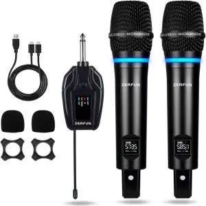 ZERFUN 2 채널 충전식 무선 마이크 시스템 프로 UHF 메탈 핸드헬드 및 미니 리시버 노래방 노래 교회를