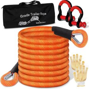 롱주오 키네틱 리커버리 로프 36000파운드 1인치 x 20피트 견인 금속 링 섀클 포함 헤비 듀티 오프로드