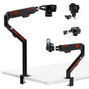 틱톡 라이브 스트리밍 사진 스튜디오 콘텐츠 제작을 위한 360 조절 가능한 팔 및 휴대폰 홀더가 있는 진라이코 오버헤드 카메라 마운트, DSLR 카메라용 데스크 마운트 / 웹캠 마이크, 블랙