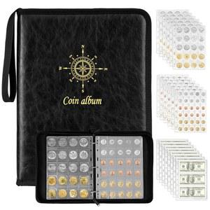 수집가용 코인 컬렉션 북 홀더 300 코인 포켓과 24 지폐 포켓이 있는 코인 통화 앨범 수집 정리 용품 지퍼 및 휴대용 스트랩이 있는 가죽 디스플레이 보관 케이스