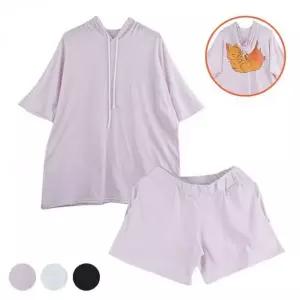 여성 오버핏 반팔티 반바지 여름 휴가용 후드 반팔 트레이닝복 5부