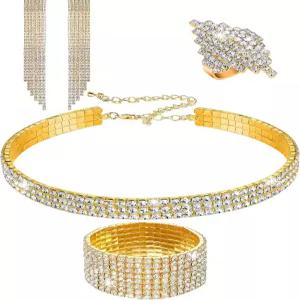 히카러 3피스 라인스톤 뱅글 결혼식 초커 팔찌 반지 주얼리 세트 목걸이 귀걸이 크리스탈 여성