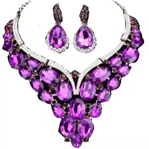 WANG 여성 세트(보라색) 브라이덜 라인스톤 웨딩드레스 성명 크리스탈 주얼리 목걸이 귀걸이