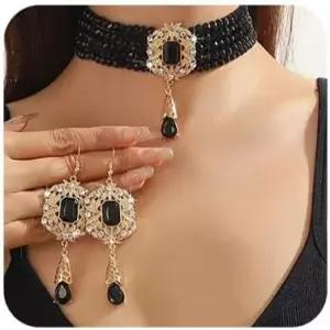 미스 그레이스 여성 라인스톤 신부 댕글 실버 귀걸이 크리스탈 블랙 세트 목걸이 태슬 레드 들러리를 눈물