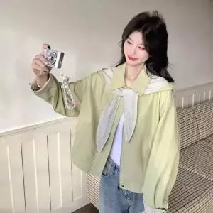 율랑팡 여자 코트 춘연두단백색피패치체크 + 토끼귀후드숏 HO1