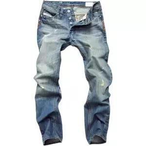 ACEFAST INC 남성 찢어진 스트레이트 데님 진 레트로 버튼 플라이 팬츠 패션 바지 블루