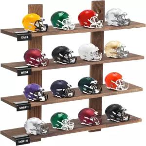 콜링밀 4단 미니 축구 헬멧 디스플레이 랙 11.8 x 12.4 2.8 인치 벽걸이 나무 포켓 보관 선반 아크릴 라벨