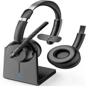 업무용 마이크가 장착된 코스무스 무선 헤드셋 및 탈착식 이어패드가 블루투스 5.3 충전 베이스가 50시간