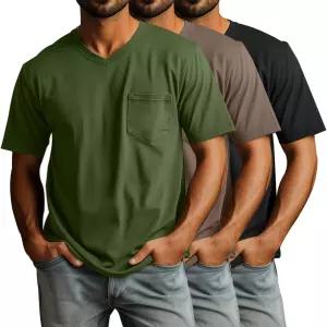 Ficerd 3팩 빅 앤 톨 남성용 V넥 T 셔츠 반팔 플러스 사이즈 티 루즈 캐주얼 베이직 오버사이즈 상의 포켓