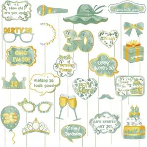 30번째 생일 사진 부스 소품 표지판 25개의 세이지 그린 및 골드 파티 셀카 여성용 스틱 더티 서티