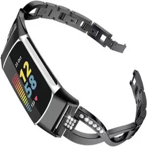 여성용 핏비트 차지 5 밴드 슬림 크리스탈 블링 글리터 다이아몬드 라인스톤 주얼리 메탈 브레이슬릿