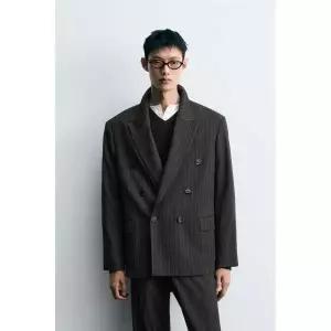 ZARA 더블 브레스트 핀 스트라이프 수트 블레이저 - 블랙 375135