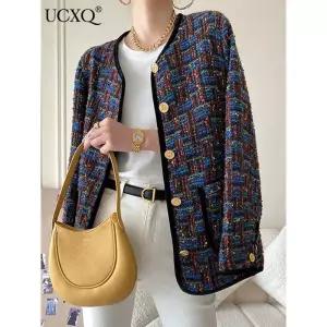 트위드 자켓 여자 린넨 크롭 코트 여성 가죽 청 재킷 UCXQ 컬러 루즈핏 라운드넥 쇼트 여성용 10AB2992 가