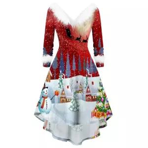 산타복 코스프레 크리스마스 의상 드레스 여성 산타 모피 칼라 V넥 빈티지 겨울 섹시한 새해 파티