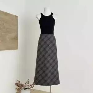 스커트 여성 롱 모직 울 빈티지 캐주얼 정장 혼방 체크 트윌 일자 BE1