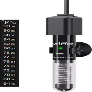 AurlFioe 50W 수족관 히터 미니 온도계가 장착된 소형 잠수식 어항 베타 거북 소금물 담수 5-10갤런 탱크용