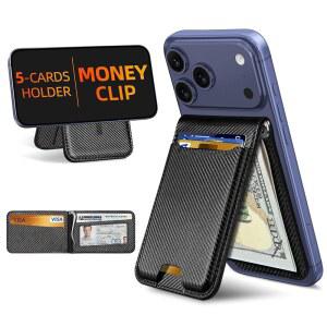 [미국배송] 머니 클립이 있는 MAGSAFE 지갑 폰 17/16/15/14/13/12 시리즈용 최강 마그네틱 조절 가능한 스탠드 신분증 창 5장의 카드 홀더 비건 가죽 13/12 미니 블랙 카본 파이버는 제외