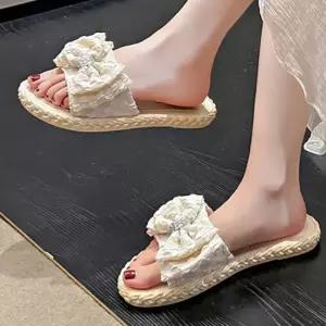 여성 러블리 큐빅 리본 장식 포인트 여름 편한 슬리퍼 여자슬리퍼 털슬리퍼 실내슬리퍼