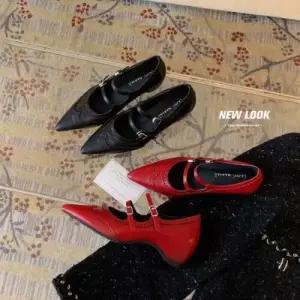 엘럽 여성 검은 플랫 메리제인 블록 작은 펌프스 더블 스틸레토 빨간 선에 속가보시 스트랩 구두 박템5