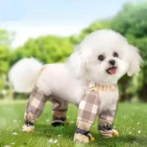 강아지 체크 바지 올인원 반려견 의류 애견 옷 겨울 산책복 귀여운 스트라이프