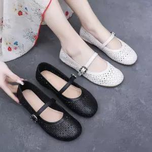 여성 스트랩 플랫 신발 리얼 메리제인 가죽 소 두루두루 라운드 봄여름 펀칭 통기성 샌들 M스포2