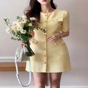 트위드 반팔 원피스 핑크 상견례룩 하객 미니 체크 정장