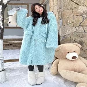 여성 중장기장 후드 보온 두꺼운 겨울 뽀글이코트 핑크 롱