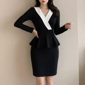 [하프클럽/]여성 롱슬리브 쁘띠 페플럼 V넥 랩 드레스