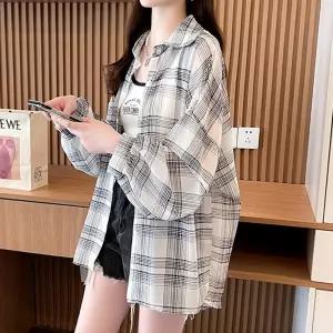 여성 여름 바캉스룩 오버핏 시스루 체크 셔츠 루즈핏 남방