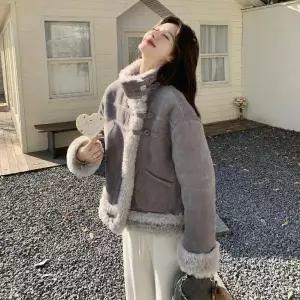 그레이 울 코트 버클 테이프 모피 여자코트 원템1