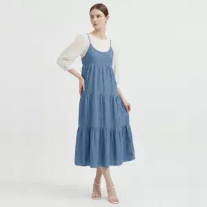 여성 끈나시 3단 캉캉 데님 청 롱원피스 MSE-WDR-21185-진청