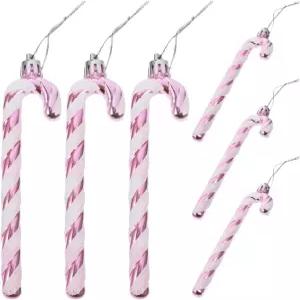 럭샤이니 6Pc 크리스마스 캔디 지팡이 장식 트리 걸이 플라스틱 글리터 목발 홀리데이 화환 펜던트 핑크