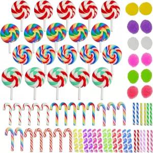 76개의 크리스마스 미니 캔디 캔 가짜 장식 미니어처 목발 컬러 롤리팝 케이크 피규어 테이블 트리 걸이