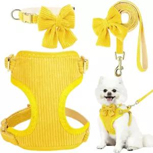작은 개 목걸이 하네스 및 목줄 세트 보타이가 있는 노 풀 통기성 면 조절 가능한 반려동물 강아지 이지