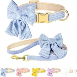 로즈 유스 개 목걸이 및 목줄 세트 보타이 걸 금속 버클 소형견용 조절 가능 블루 S 넥 10-16 5피트
